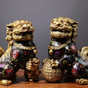 Pair of Bronze Cloisonné Palace Gate Lion Ornaments, Handmade Filigree Enamel Copper Lions, Chinese Decor for Entryway & Office Collection