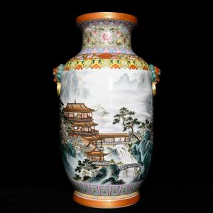 Qianlong Style Heavy Famille Rose Porcelain Vase, Hand Painted Landscape Pavilion Ceramic Floor Jar with Beast Head Ring Handles