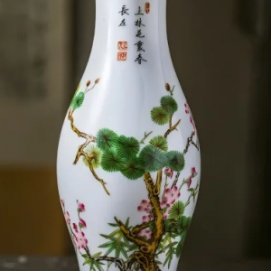 Enamel Pine, Bamboo and Plum Olive Vase, Jingdezhen Hand-Painted Three Friends of Winter Porcelain Vase, New Chinese Style Collectible Display Ornament